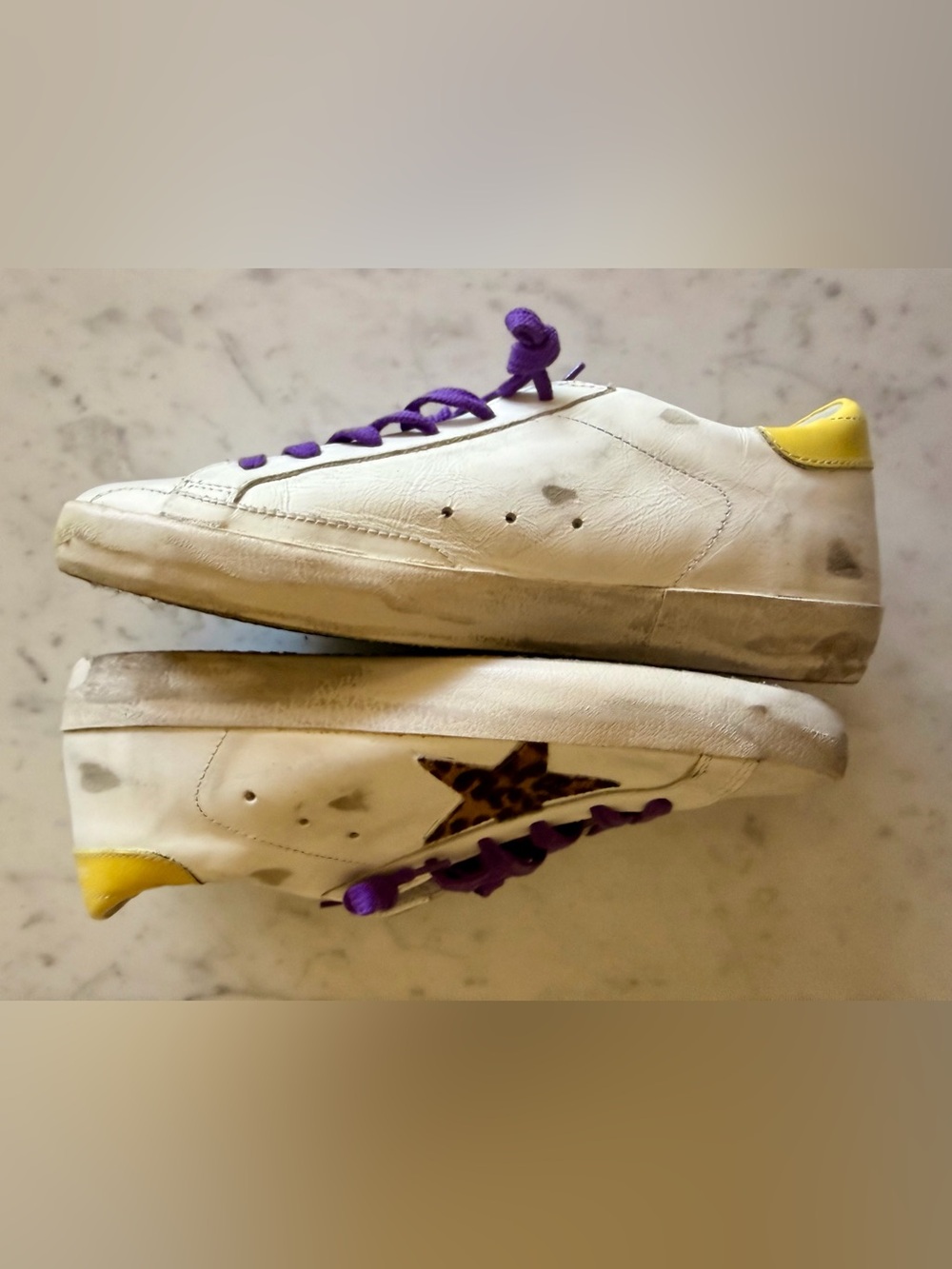 Women’s Golden Goose Super Stars Sneakers White Leather/Leopard/Purple Laces - Picture 3 of 5
